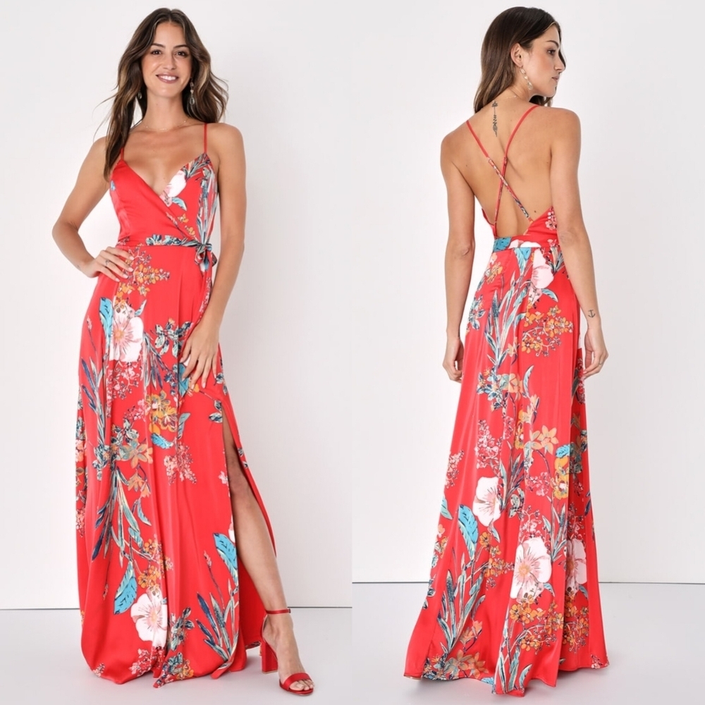 Lulus Still the One Red Floral Print Satin Maxi Dress XS Wedding Party Feminine